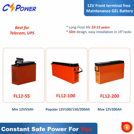 Batteria con terminale anteriore in gel a ciclo profondo a lunga durata da 12 V 200 Ah per il backup delle telecomunicazioni